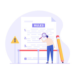 Concept of rules and regulations, company policy, corporate law and business ethics. Business person reading checklist of rules and regulation standards. Vector illustration in flat design - obrazy, fototapety, plakaty