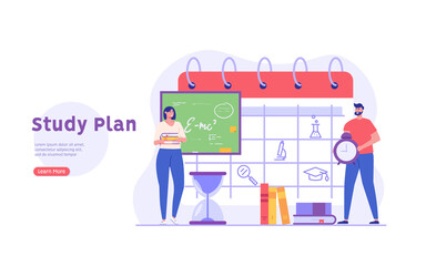Concept of learning program, study plan, class schedule. Students scheduling courses plan. Students organizing personal study plan in university. Vector illustration in flat design for web banner