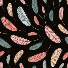 Seamless pattern with multi-colored feathers on a black background. Easter pattern