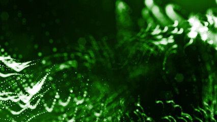 3d rendering of glow particles that fly in air as science fiction of microcosm or macro world or sci-fi. Abstract composition with depth of field and glow in dark with bokeh effects. Green