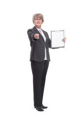 Front view of businesswoman with clipboard and finger point up