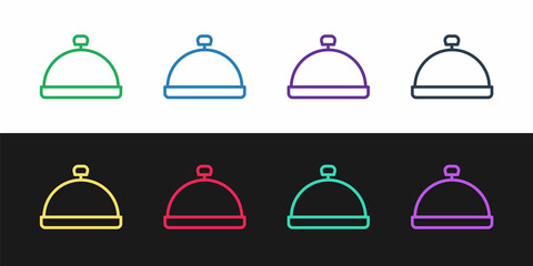 Set line Covered with a tray of food icon isolated on black and white background. Tray and lid sign. Restaurant cloche with lid. Vector