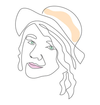 Linear sketch of a girl in a hat on a white background. An artistic sample of a logo sketch. Vector illustration of doodles. Linear art.
