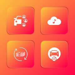 Set Car sharing, Music streaming service, Refund money and icon. Vector