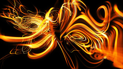 3d render. Abstract beautiful background of glowing yellow flow of lines made of particles. Lines form abstract beautiful curls in space. Beautiful stream of bunch lines. Beautiful curls