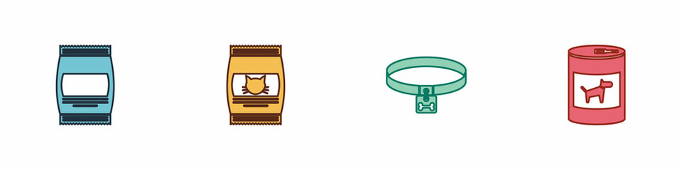 Set Bag of food, for cat, Dog collar and Canned dog icon. Vector