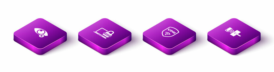 Set Isometric Invisible or hide, Laptop with password, Shield VPN wireless and Digital door lock icon. Vector