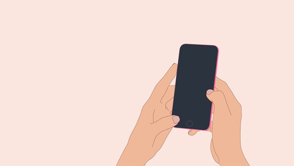 Fototapeta na wymiar Female hands holding mobile phone in vertical position. Hands and smartphone on pink background. Vector illustration. Copy space.