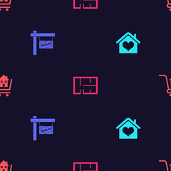 Set House with heart shape, Hanging sign Sold, plan and Shopping cart house on seamless pattern. Vector