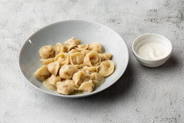 Meat dumplings, homemade russian pelmeni in bowl with sour cream isolated on bright background