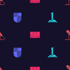 Set Joystick for arcade machine, Shield game, Video console and Microphone on seamless pattern. Vector