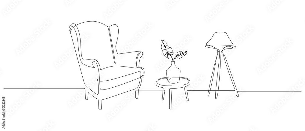 Poster armchair and table with vase and floor lamp in one continuous one line drawing. retro stylish furnit