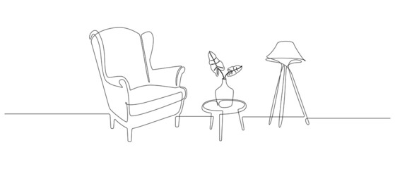 Armchair and table with vase and floor lamp in one continuous one line drawing. Retro stylish furniture for modern living room or hotel concept in simple linear style. Doodle vector illustration
