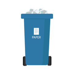 A container with paper garbage in blue on a white background