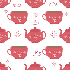 A pattern of red cups and a teapot on a white background