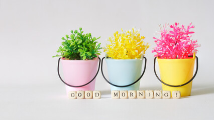 Bright toy plants in buckets from a doll house next to the inscription: good morning. Light...