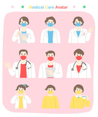 マスクをつけた白衣の男女の医者と子供　主線なしイラストセット