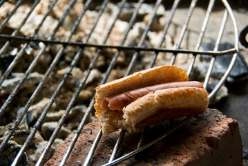 Barbecue sausage with sausage bread outdoors on the grill trellis.