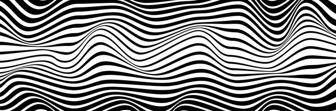 Simple wavy background. Vector illustration of stripes with optical illusion, op art. Long horizontal banner. © Anna