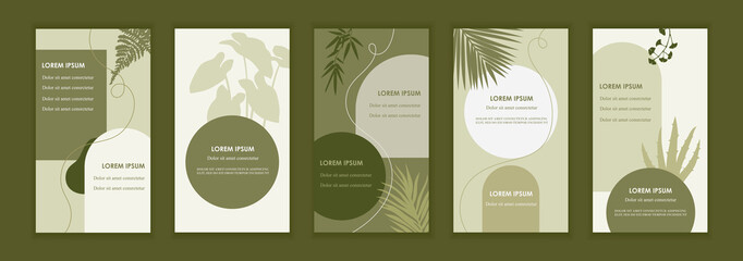 Set of natural style templates for banners, flyers, stories, brochures, web and social media posts. Organic design. Foliage, plants abstract shapes. Vector flat illustrations. EPS 10. Organic cosmetic - 501225943