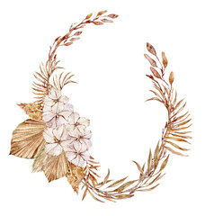 Watercolor boho tropical elegant wreath clipart. Wedding hand painted tropical dried branches. Floral frame for wedding invitations, greeting cards, sublimations, wedding monogram, logo.