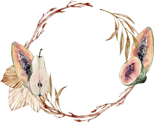 Watercolor boho tropical elegant wreath clipart. Wedding hand painted tropical dried branches. Floral frame for wedding invitations, greeting cards, sublimations, wedding monogram, logo.