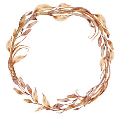 Watercolor boho tropical elegant wreath clipart. Wedding hand painted tropical dried branches. Floral frame for wedding invitations, greeting cards, sublimations, wedding monogram, logo.