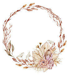 Watercolor boho tropical elegant wreath clipart. Wedding hand painted tropical dried branches. Floral frame for wedding invitations, greeting cards, sublimations, wedding monogram, logo.