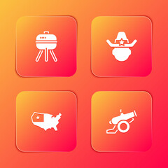Set Barbecue grill, Sheriff cowboy, USA map and Cannon icon. Vector