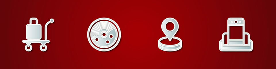 Set Trolley baggage, Radar with targets on monitor, Location and Metal detector in airport icon. Vector