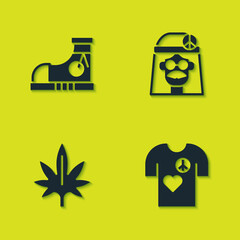 Set Sneakers, Peace t-shirt print stamp, Marijuana and Hippie girl icon. Vector