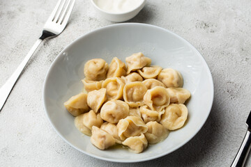 Meat dumplings, homemade russian pelmeni in bowl with sour cream isolated on bright background