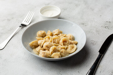 Meat dumplings, homemade russian pelmeni in bowl with sour cream isolated on bright background