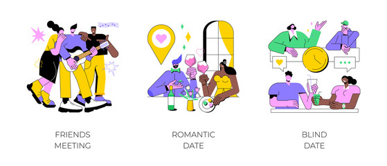 Hangouts abstract concept vector illustration set. Friends meeting, romantic blind date, leisure time, soul mate, romantic relationship, love story, Valentine day, restaurant abstract metaphor.