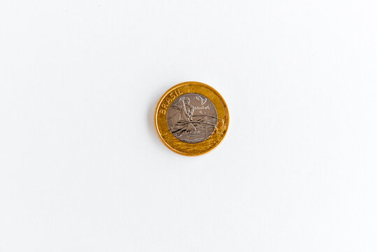 Brazilian commemorative coin, Brazilian real coin on white background.