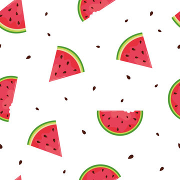 Seamless watermelons pattern on white background. Vector summer illustration with watermelon slices and seeds in bright summer colors. Flat design. Good for fabric print, greeting card, wrapping, etc.