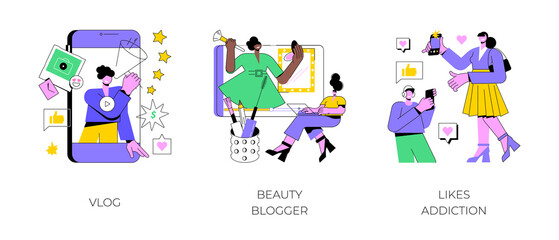 Social media star abstract concept vector illustration set. Vlog, beauty blogger, likes addiction, attract followers and subscription, viral content, social media video platform abstract metaphor.