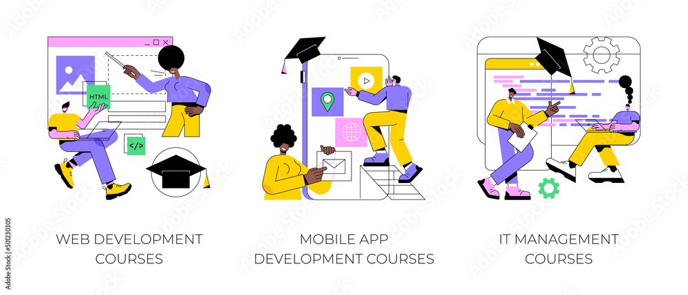 Poster information technology career abstract concept vector illustration set. web development courses, mob