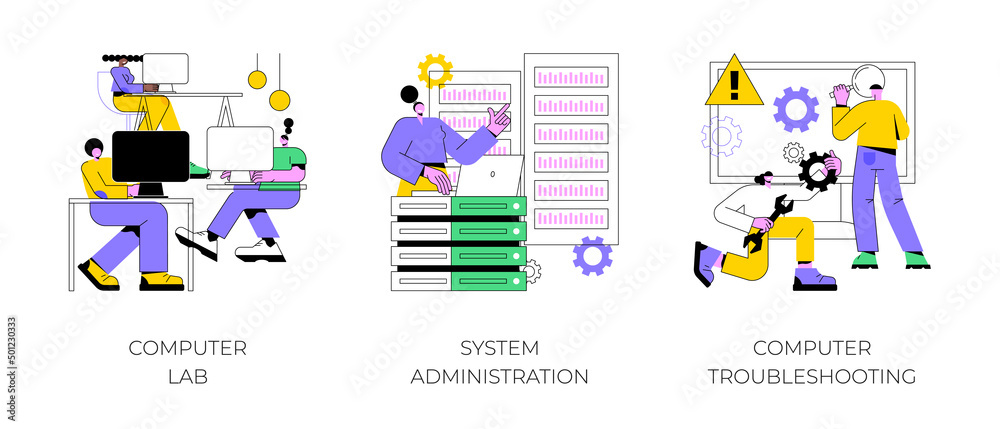 Poster computers and software abstract concept vector illustration set. computer lab, system administration