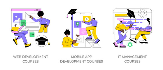 Information technology career abstract concept vector illustration set. Web development courses, mobile app development and IT management classes, junior frontend, online coding abstract metaphor.