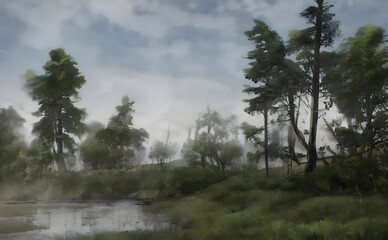 a painting of a river and trees in the mist