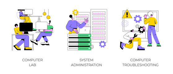 Computers and software abstract concept vector illustration set. Computer lab, system administration, troubleshooting, information technology, network upkeeping, operating system abstract metaphor.