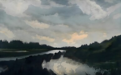 a painting of a river with clouds and grass on the side of it