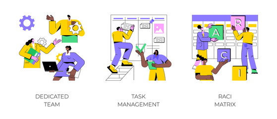 Developers team management abstract concept vector illustration set. Dedicated team, task management, RACI matrix, outsource, productivity online platform, responsibility chart abstract metaphor.