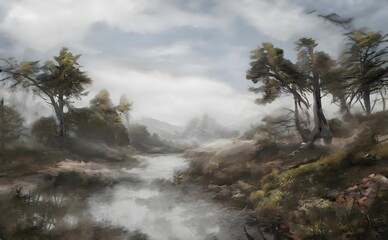 a painting of a stream in the middle of a forest