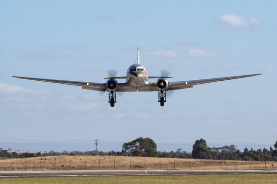 Avalon, Australia - March 2, 2013: Vintage Douglas DC-3 airliner VH-TMQ operated by Air Nostalgia (Shortstop jet Charters).