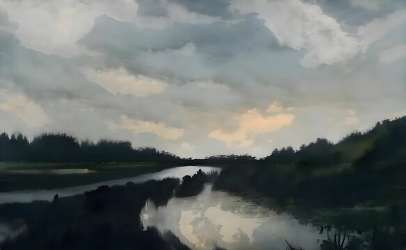 a painting of a river with clouds and grass on the side of it © @uniturehd