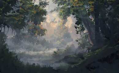 a painting of a misty forest with trees