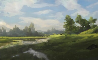 a painting of a lush green field