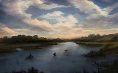 Obraz na płótnie Canvas a water scene with clouds in the sky